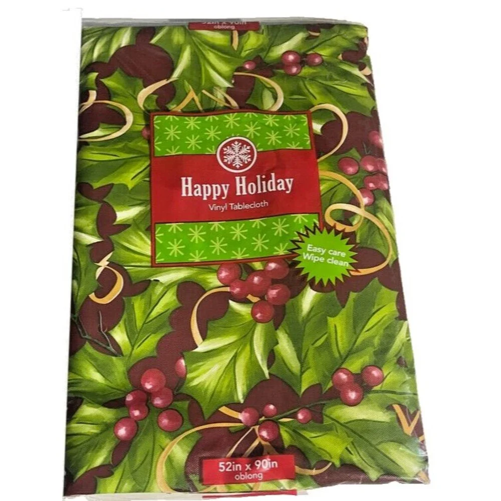 Christmas Holly and Berries Vinyl Tablecloth Flannel Backed Holiday 52x90